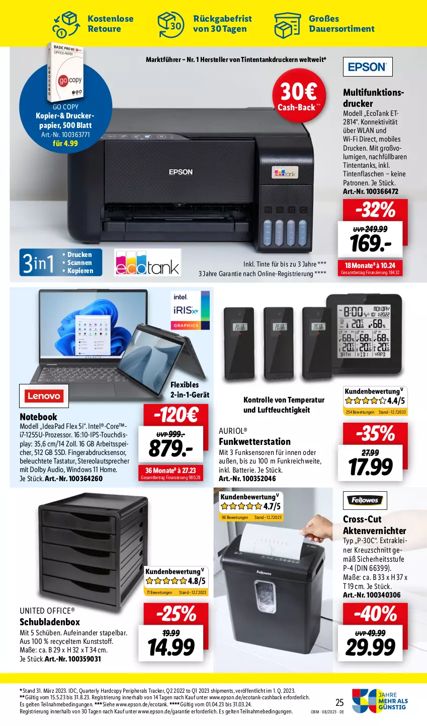 Aktueller Prospekt Lidl - August-Highlights im Onlineshop - von 01.08 bis 31.08.2023 - strona 25 - produkty: Aktenvernichter, auer, batterie, dell, drucker, elle, epson, fingerabdrucksensor, flasche, Intel, lautsprecher, leine, Leuchte, Mode, multifunktionsdrucker, notebook, office, papier, schubladen, ssd, Tastatur, teller, Ti, Wetterstation