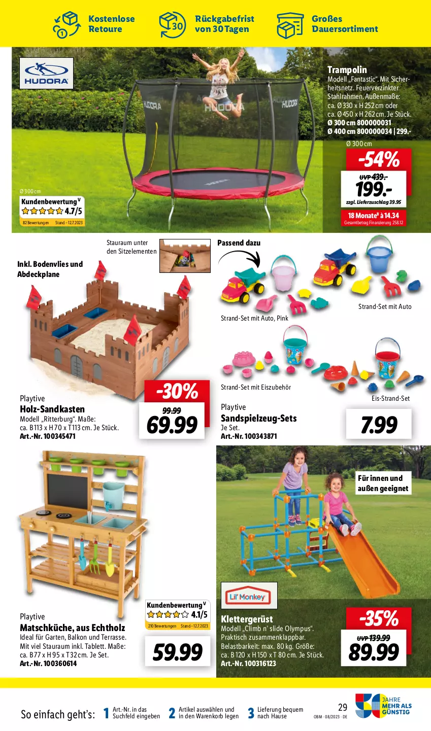 Aktueller Prospekt Lidl - August-Highlights im Onlineshop - von 01.08 bis 31.08.2023 - strona 29 - produkty: abdeckplane, asti, auer, auto, dell, eis, ente, fanta, Garten, Holz, korb, küche, Mode, ndk, ritter, Sandkasten, Sandspielzeug, spielzeug, tablet, tablett, Ti, tisch, Trampolin