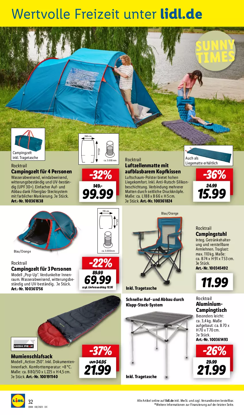 Aktueller Prospekt Lidl - August-Highlights im Onlineshop - von 01.08 bis 31.08.2023 - strona 32 - produkty: Abba, armlehnen, Bau, campingstuhl, Campingtisch, dell, eis, elle, ente, getränk, getränke, kissen, kopfkissen, Liege, Mode, ndk, orange, sac, schlafsack, stuhl, Tasche, Ti, tisch, tragetasche, wasser, Zelt, ZTE