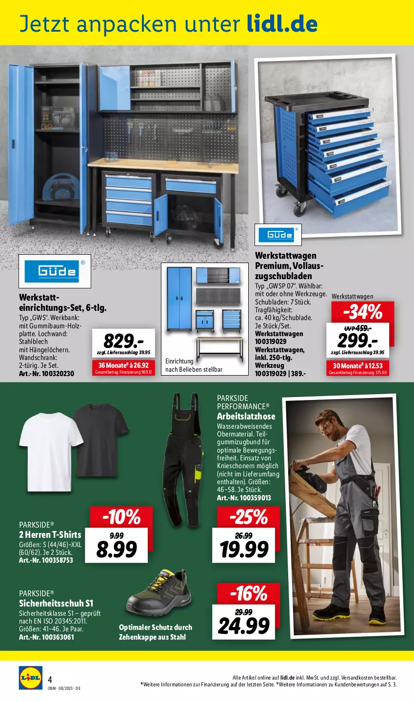 Aktueller Prospekt Lidl - August-Highlights im Onlineshop - von 01.08 bis 31.08.2023 - strona 4 - produkty: Bank, Bau, eis, Holz, hose, latte, Latzhose, LG, ndk, Parkside, Ria, rum, Schrank, schubladen, shirt, shirts, T-Shirt, Ti, Wandschrank, wasser, werkzeug, werkzeuge, ZTE