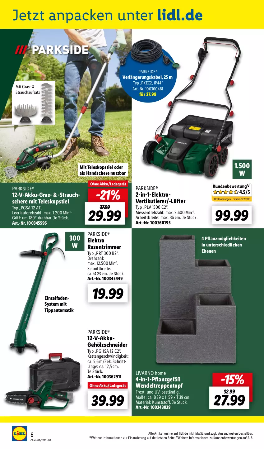 Aktueller Prospekt Lidl - August-Highlights im Onlineshop - von 01.08 bis 31.08.2023 - strona 6 - produkty: akku, auto, Brei, Elektro, Kette, ladegerät, messer, ndk, Parkside, rasen, rasentrimmer, Rauch, Ria, Schere, Strauchschere, Teleskop, teleskopstiel, Ti, Tiere, topf, ZTE