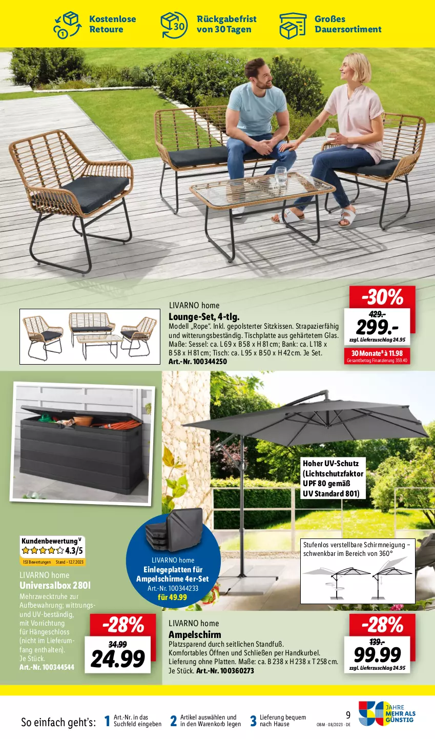 Aktueller Prospekt Lidl - August-Highlights im Onlineshop - von 01.08 bis 31.08.2023 - strona 9 - produkty: ampelschirm, auer, Bank, dell, HP, kissen, korb, latte, LG, lounge-set, Mode, ndk, rum, schirme, sessel, sitzkissen, Ti, tisch, tischplatte, uv-schutz, weck