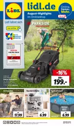 Gazetka promocyjna Lidl - August-Highlights im Onlineshop - Gazetka - ważna od 31.08 do 31.08.2023 - strona 1 - produkty: Brei, Elektro, elektro-rasenmäher, Garten, gartenmöbel, küche, möbel, ndk, Parkside, rasen, rasenmäher, sac, Sport, Ti