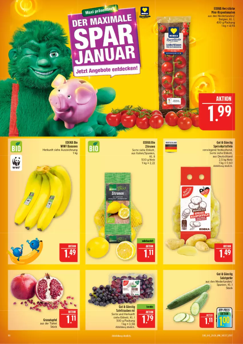 Aktueller Prospekt Marktkauf - Prospekt - von 18.01 bis 24.01.2026 - strona 10 - produkty: apfel, banane, bananen, bio, deka, edeka bio, eis, grana, granatapfel, kartoffel, kartoffeln, LG, mini-rispentomaten, Rana, reis, rispentomaten, salat, speisekartoffeln, tafeltrauben, Ti, tomate, tomaten, trauben, zitrone, zitronen