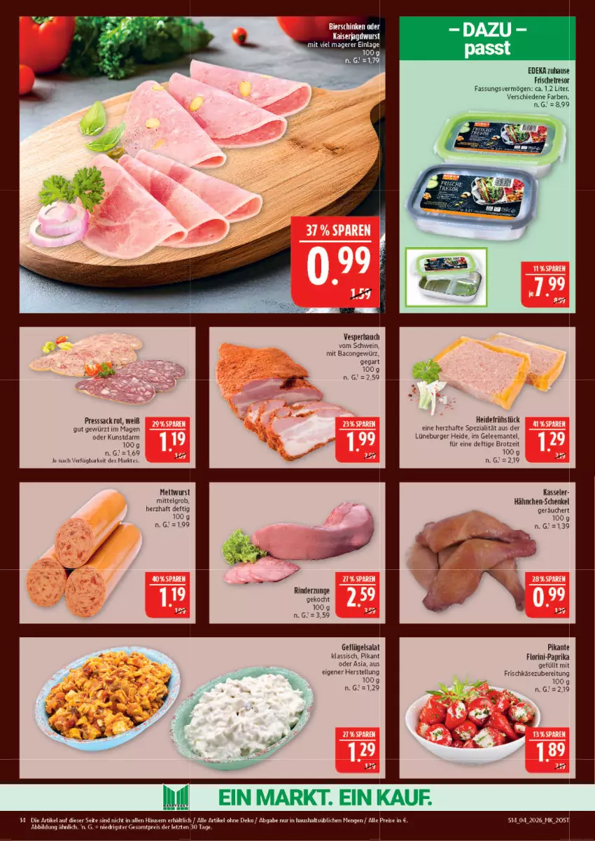 Aktueller Prospekt Marktkauf - Prospekt - von 18.01 bis 24.01.2026 - strona 14 - produkty: bacon, Bau, brot, burger, deka, eis, frischkäse, frischkäsezubereitung, Geflügel, geflügelsalat, gelee, gewürz, hähnchen-schenkel, heidefrühstück, henkel, Kaiser, Käse, kasseler, LG, Mantel, paprika, presssack, reis, rind, rinder, Rinderzunge, sac, salat, schenkel, schwein, Spezi, Ti, wein, wurst, ZTE