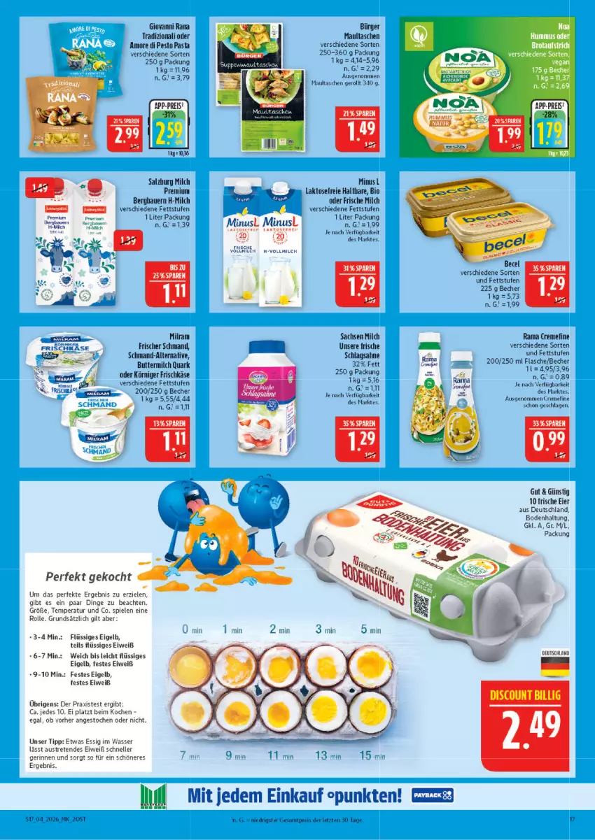 Aktueller Prospekt Marktkauf - Prospekt - von 18.01 bis 24.01.2026 - strona 17 - produkty: auer, aust, Bau, Bauer, becel, Becher, bio, butter, buttermilch, creme, eier, eis, elle, ente, essig, flasche, frische milch, frischkäse, giovanni rana, Heu, Käse, Körniger Frischkäse, maultaschen, milch, milram, pasta, pesto, quark, rama, rama cremefine, Rana, reis, rel, sac, sahne, salz, schlagsahne, schmand, Spiele, suppe, suppen, Tasche, taschen, tee, Ti, vollmilch, wasser, ZTE