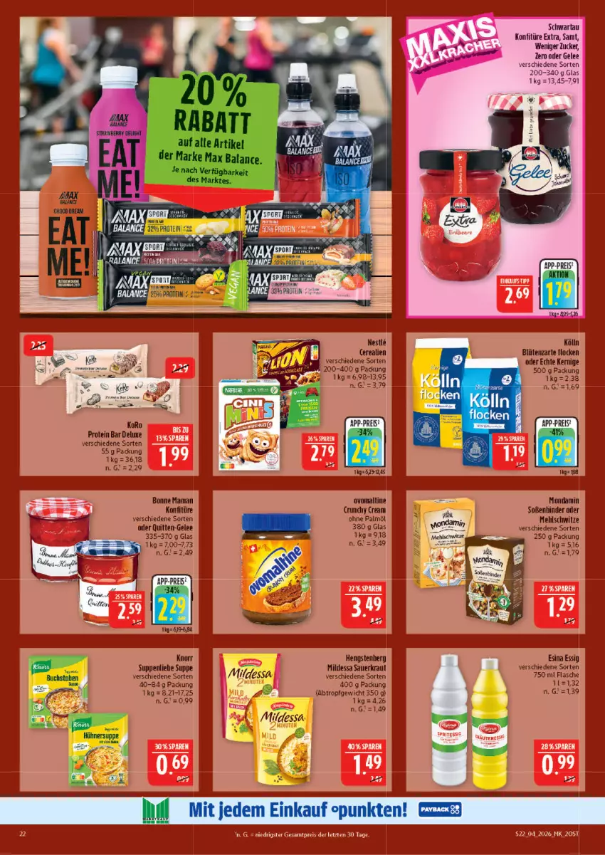 Aktueller Prospekt Marktkauf - Prospekt - von 18.01 bis 24.01.2026 - strona 22 - produkty: auer, Blüte, bonne maman, buch, cerealien, eis, essig, flasche, gelee, hengstenberg, knorr, kölln, konfitüre, konfitüre extra, Kraut, LG, mam, mondamin, ohne palmöl, reis, Sauerkraut, Schwartau, Soße, Sport, suppe, suppen, suppenliebe, Ti, zucker