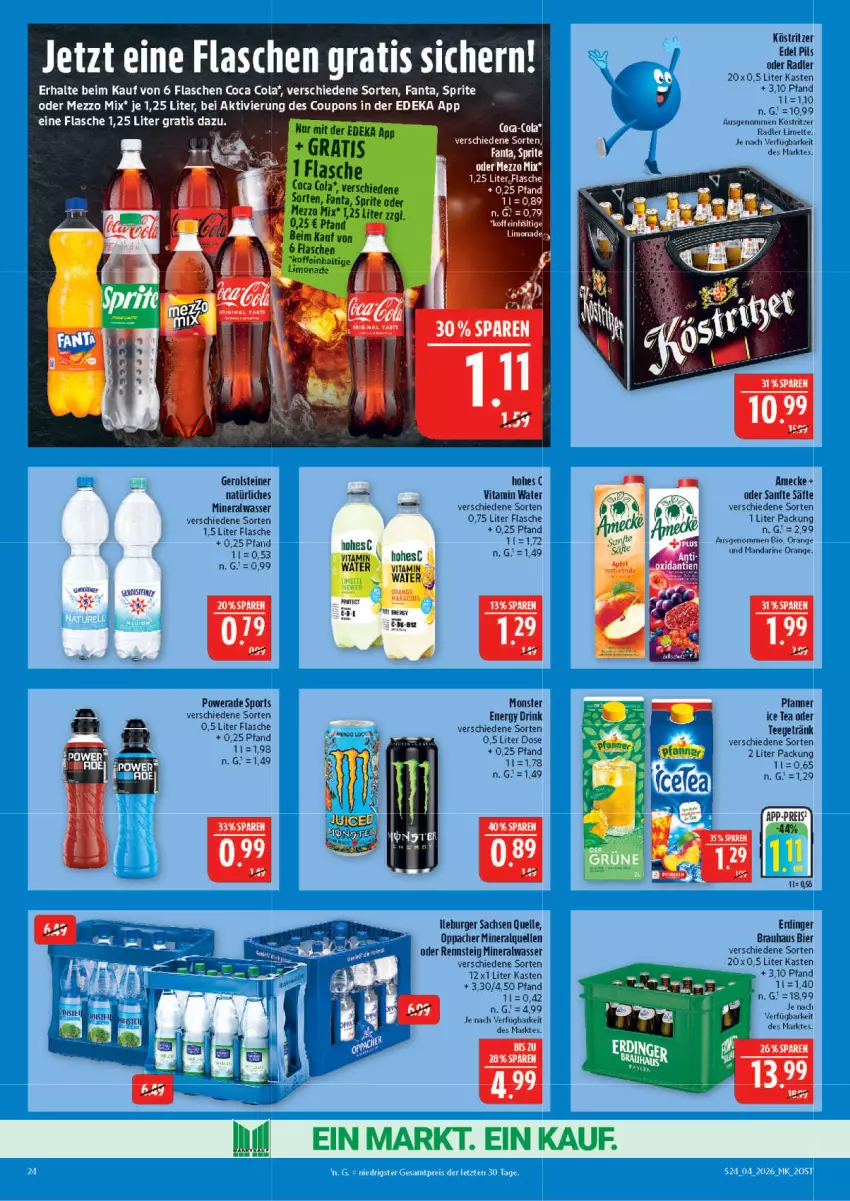 Aktueller Prospekt Marktkauf - Prospekt - von 18.01 bis 24.01.2026 - strona 24 - produkty: Alwa, amecke, bier, bio, burger, cola, coupon, coupons, deka, drink, elle, energy drink, erdinger, fanta, flasche, gerolsteine, gerolsteiner, Hohes C, ice tea, köstritzer, limette, limo, limonade, mandarine, Mett, Mezzo Mix, mineralwasser, monster, Monster Energy, natürliches mineralwasser, orange, pfanne, Pfanner, radler, sac, säfte, Sport, sprite, steiner, tee, Ti, vita, wasser
