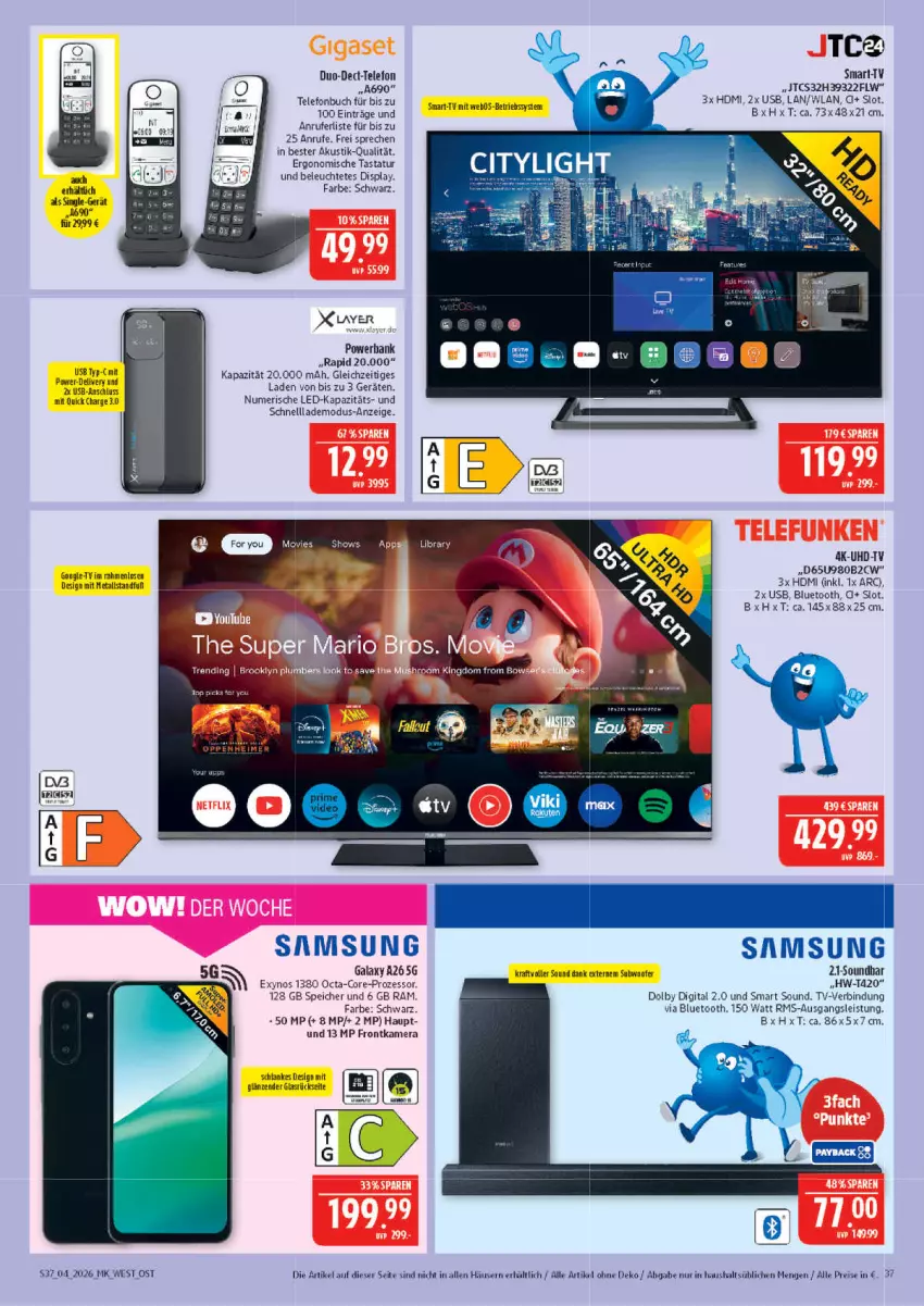 Aktueller Prospekt Marktkauf - Prospekt - von 18.01 bis 24.01.2026 - strona 37 - produkty: Bank, Betriebssystem, buch, eis, frontkamera, HDMI, jtc, kamera, kraft, Leuchte, powerbank, reis, rel, Samsung, soundbar, Subwoofer, Tastatur, telefon, Ti, uhd, UHD-TV, usb