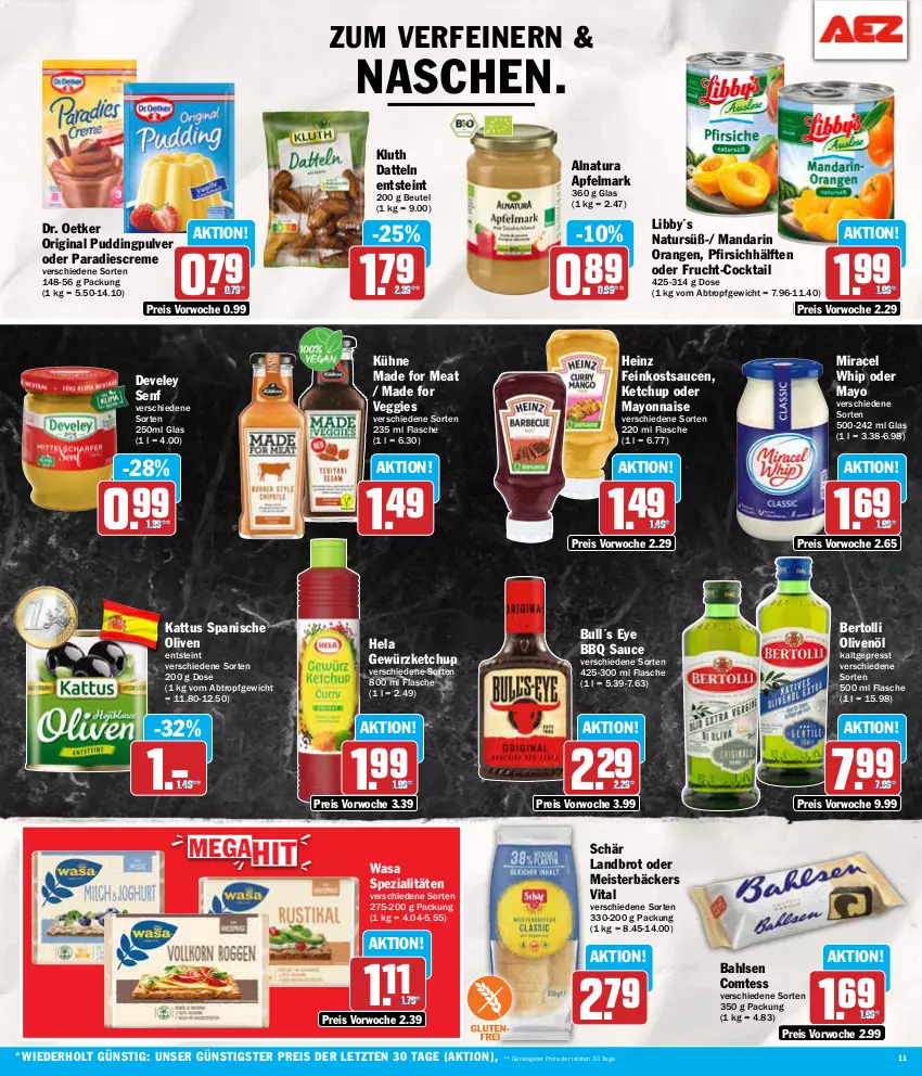 Aktueller Prospekt Aez - Prospekte - von 22.07 bis 27.07.2024 - strona 11 - produkty: apfel, bahlsen, bertolli, beutel, brot, cocktail, comtess, creme, Datteln, develey, Dr. Oetker, eis, feinkost, flasche, frucht, gewürz, gewürzketchup, gin, heinz, Hela, ketchup, Kühne, mayonnaise, Meister, miracel, miracel whip, natur, natura, olive, oliven, olivenöl, orange, orangen, pfirsich, pudding, reis, sauce, saucen, senf, Spezi, Ti, veggie, vita, wasa, Yo, ZTE