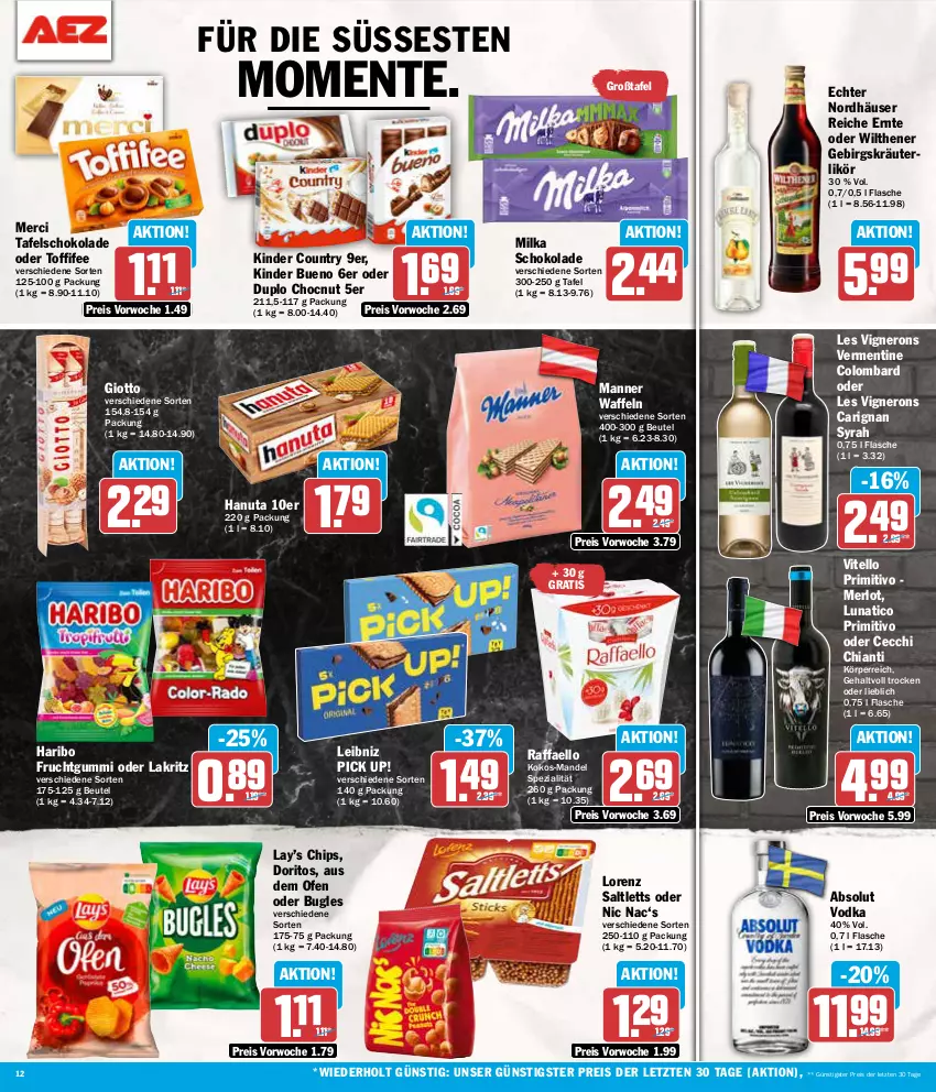 Aktueller Prospekt Aez - Prospekte - von 22.07 bis 27.07.2024 - strona 12 - produkty: Absolut Vodka, beutel, bugles, chia, chianti, chips, Doritos, duplo, eis, ente, flasche, frucht, fruchtgummi, giotto, hanuta, haribo, Kinder, kinder bueno, kinder country, kokos, kräuter, kräuterlikör, Lakritz, leibniz, likör, lorenz, mandel, Manner, merci, merl, merlot, milka, milka schokolade, nero, oder lakritz, Ofen, Pick Up!, primitivo, raffaello, reis, saltletts, schoko, schokolade, Spezi, tafelschokolade, Ti, toffifee, vodka, waffeln, wilthener, ZTE