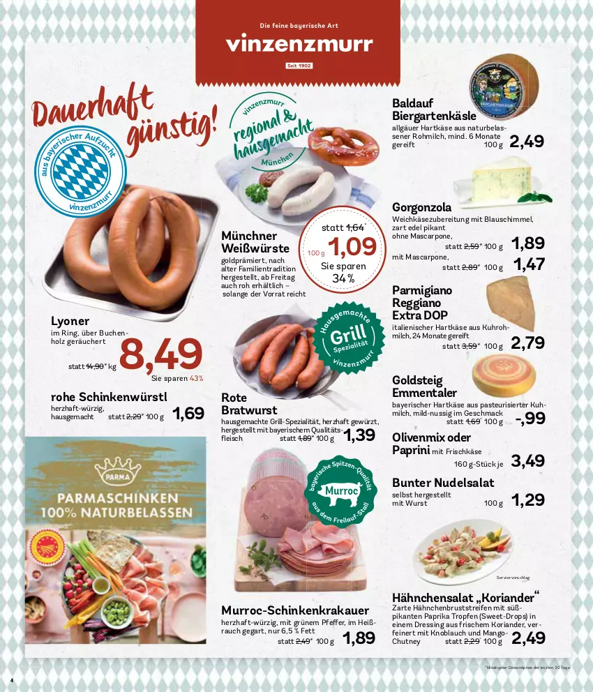 Aktueller Prospekt Aez - Prospekte - von 22.07 bis 27.07.2024 - strona 4 - produkty: auer, bier, bratwurst, buch, dressing, eis, emmentaler, frischkäse, Garten, gewürz, goldsteig, gorgonzola, grill, hähnchenbrust, hartkäse, Holz, italienischer hartkäse, Käse, knoblauch, Koriander, krakauer, LG, lyoner, mac, mango, mascarpone, milch, mit knoblauch, natur, nudel, nudelsalat, nuss, olive, oliven, paprika, parmigiano, parmigiano reggiano, Rauch, reggiano, reifen, reis, Ria, ring, salat, schinken, schinkenkrakauer, Spezi, Ti, uhr, weichkäse, wurst, Yo, ZTE