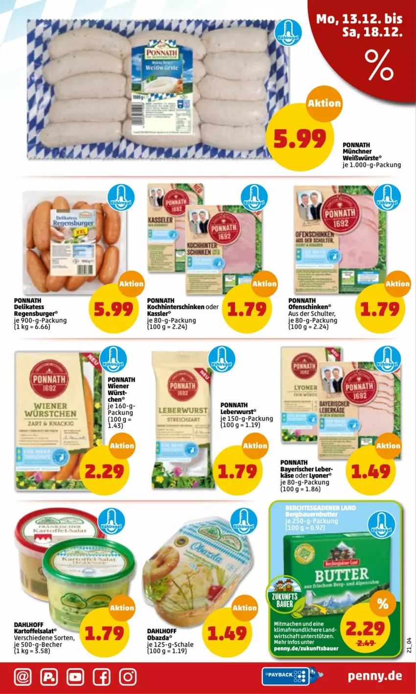 Aktueller Prospekt Penny - Prospekte - von 13.12 bis 18.12.2021 - strona 21 - produkty: auer, aust, Bau, Bauer, Becher, burger, hinterschinken, kartoffel, kartoffelsalat, Käse, leberkäs, leberkäse, leberwurst, lyoner, obazda, Ofen, ponnath, regensburger, salat, Schal, Schale, schinken, wiener, wiener würstchen, wurst, würstchen, Yo