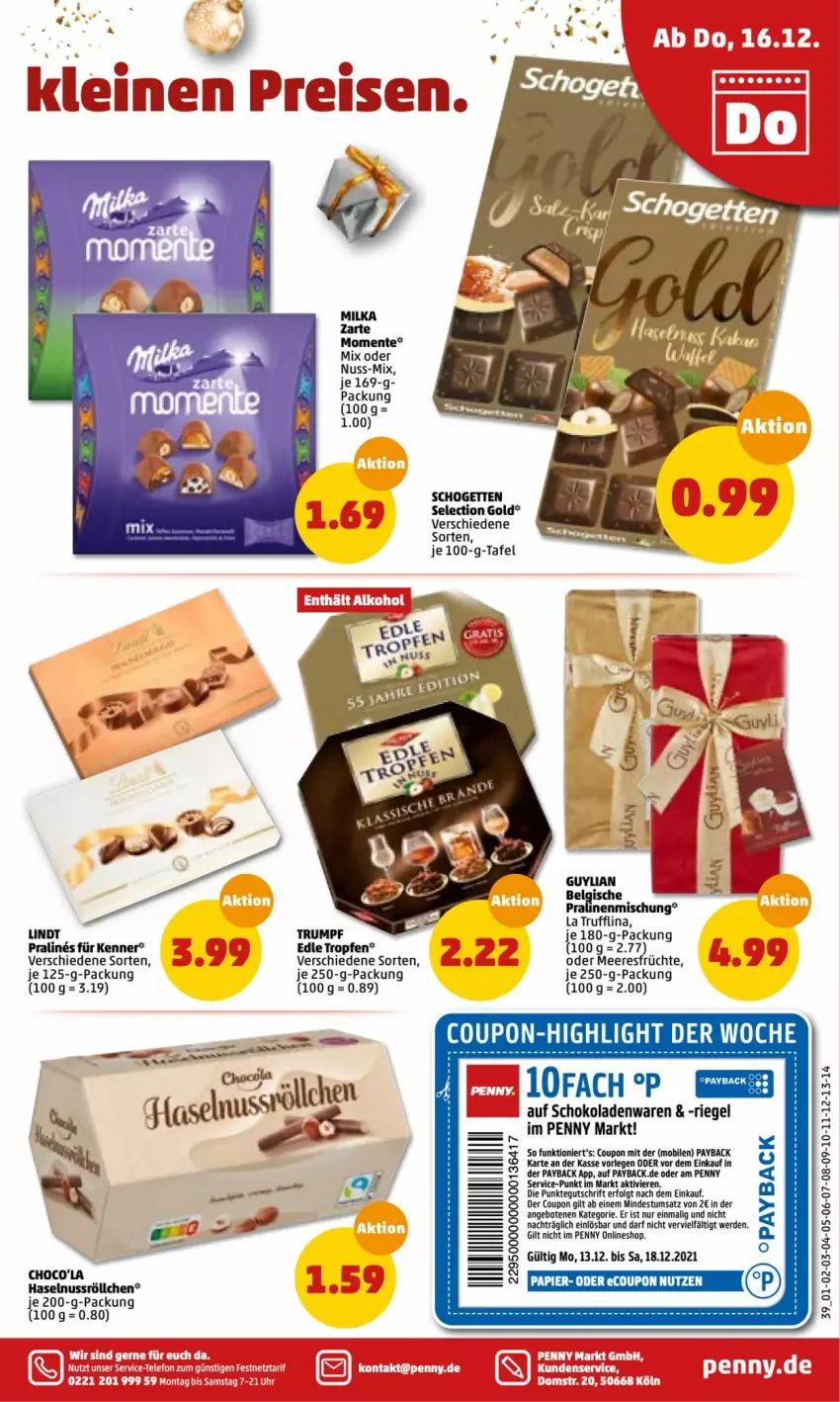 Aktueller Prospekt Penny - Prospekte - von 13.12 bis 18.12.2021 - strona 41 - produkty: angebot, angebote, Bona, coupon, eis, ente, erde, früchte, je 250-g-packung, LG, lindt, meeresfrüchte, milka, nuss, papier, payback, pralinen, riegel, schogetten, schoko, schokolade, schokoladen, tee, telefon, Ti, uhr