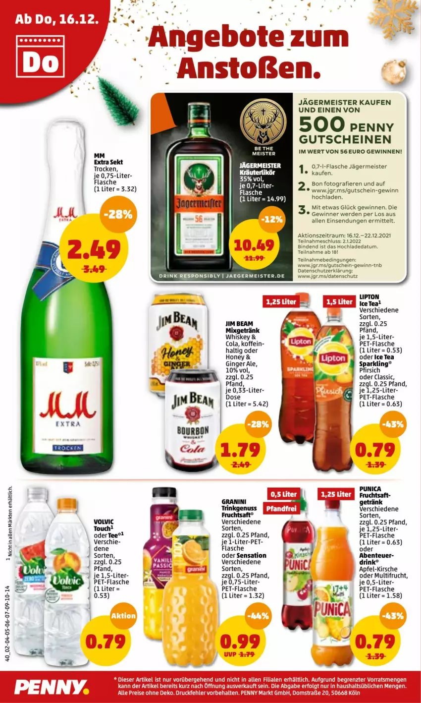 Aktueller Prospekt Penny - Prospekte - von 13.12 bis 18.12.2021 - strona 42 - produkty: aeg, apfel, binden, cola, drink, eis, elle, ente, erde, flasche, frucht, fruchtsaft, Germ, getränk, gin, ginger, ginger ale, granini, gutschein, gutscheine, ice tea, jägermeister, jim beam, kirsch, kirsche, lipton, lipton ice tea, Meister, Mixgetränk, mm extra, nuss, pet-flasche, pfirsich, punica, saft, sekt, tee, Ti, volvic, whiskey