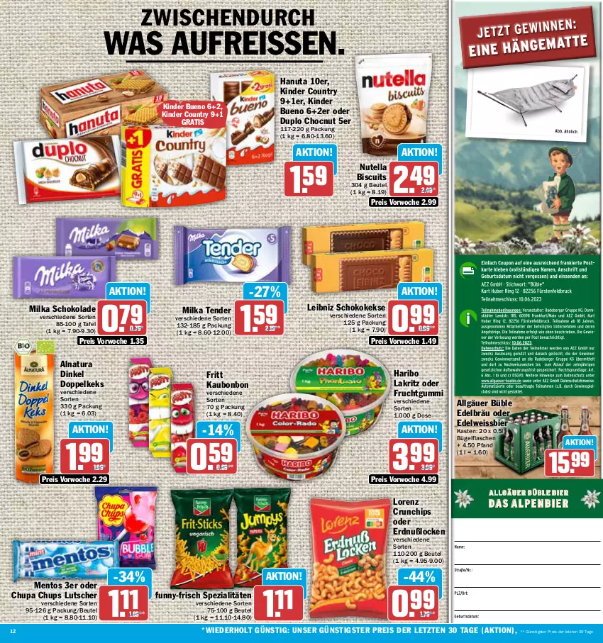 Aktueller Prospekt Aez - Prospekte - von 30.05 bis 03.06.2023 - strona 12 - produkty: beutel, bier, bügel, bügelflasche, chips, chupa, chupa chups, crunchips, duplo, Edelweiss, eis, flasche, frucht, fruchtgummi, funny-frisch, hanuta, haribo, keks, kekse, Kinder, kinder bueno, kinder country, Lakritz, leibniz, LG, lorenz, lorenz crunchips, Lutscher, mentos, milka, milka schokolade, natur, natura, nutella, reis, reiss, schoko, schokolade, Spezi, tender, Ti, weissbier, ZTE