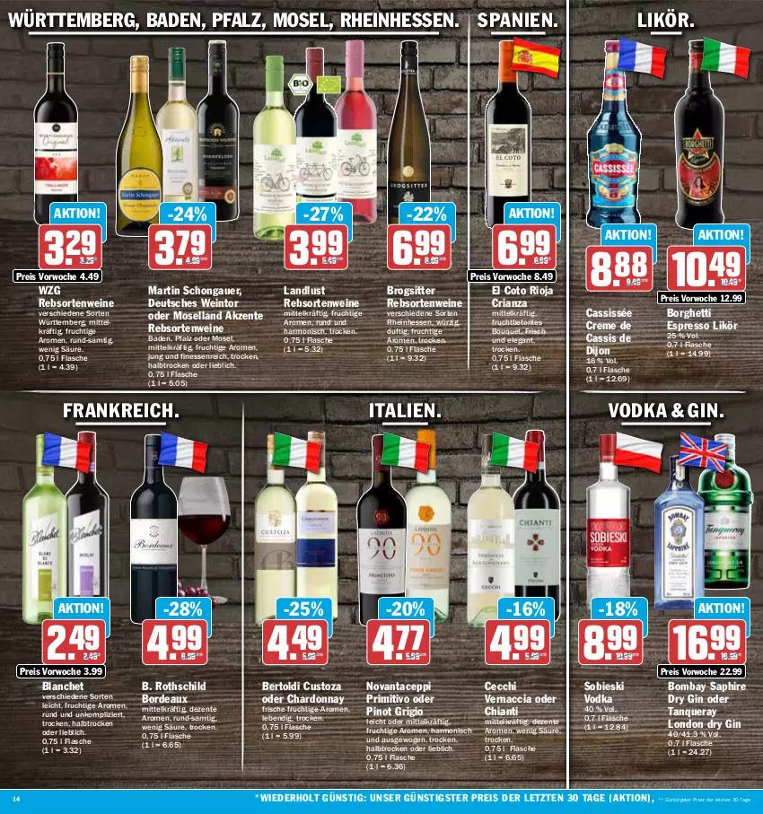 Aktueller Prospekt Aez - Prospekte - von 30.05 bis 03.06.2023 - strona 14 - produkty: ACC, auer, Bad, cassis, chardonnay, chia, chianti, creme, dry gin, eis, ente, espresso, finesse, flasche, frucht, gin, likör, london dry, london dry gin, moselland, Pinot, pinot grigio, primitivo, rebsortenweine, reis, Ria, rioja, Tanqueray, Ti, vodka, wein, weine, ZTE