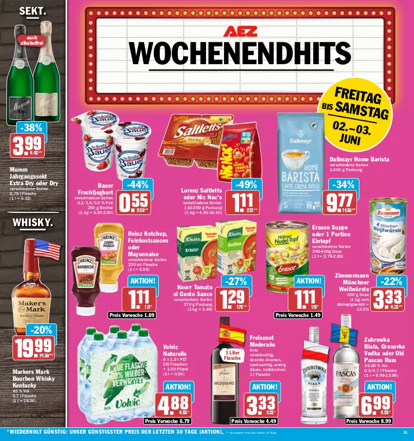 Aktueller Prospekt Aez - Prospekte - von 30.05 bis 03.06.2023 - strona 15 - produkty: alkohol, auer, Bau, Bauer, Becher, bourbon, dallmayr, eintopf, eis, elle, ente, erasco, feinkost, flasche, freixenet, frucht, fruchtjoghurt, heinz, jahrgangssekt, joghur, joghurt, ketchup, knorr, lorenz, mayonnaise, mumm, natur, reis, rel, rum, saltletts, sauce, saucen, sekt, suppe, Ti, tomato al gusto, topf, tuc, vodka, volvic, whisky, Yo, ZTE