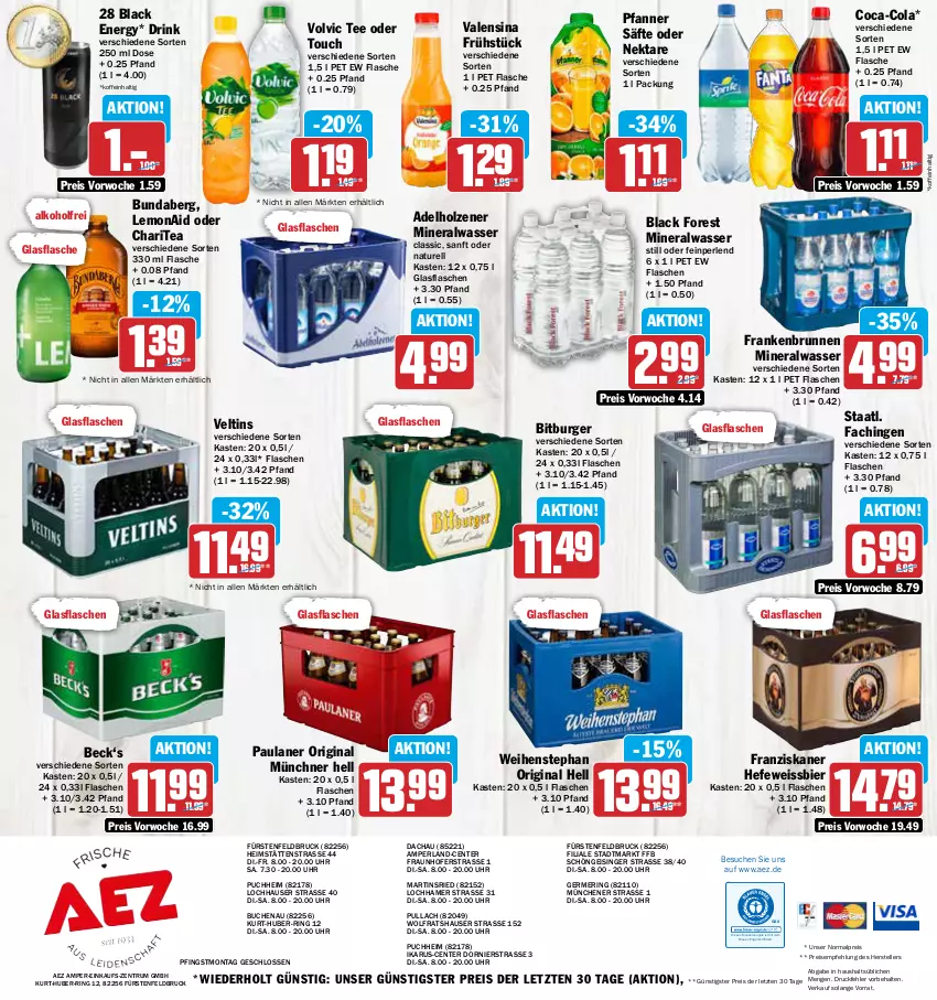 Aktueller Prospekt Aez - Prospekte - von 30.05 bis 03.06.2023 - strona 16 - produkty: adelholzener, AEZ, alkohol, Alwa, bier, bitburger, black forest, brunnen, buch, Bundaberg, burger, coca-cola, cola, drink, drucker, eis, elle, Engel, ente, fisch, flasche, franziskaner, Germ, gin, glasflasche, Hefe, Holz, kerze, lack, mineralwasser, natur, Nektar, Paula, paulaner, perla, perlen, pfanne, Pfanner, reis, rel, ring, rum, säfte, Staatl. Fachingen, tee, teller, Ti, uhr, valensina, veltins, volvic, wasser, weihenstephan, weissbier, ZTE