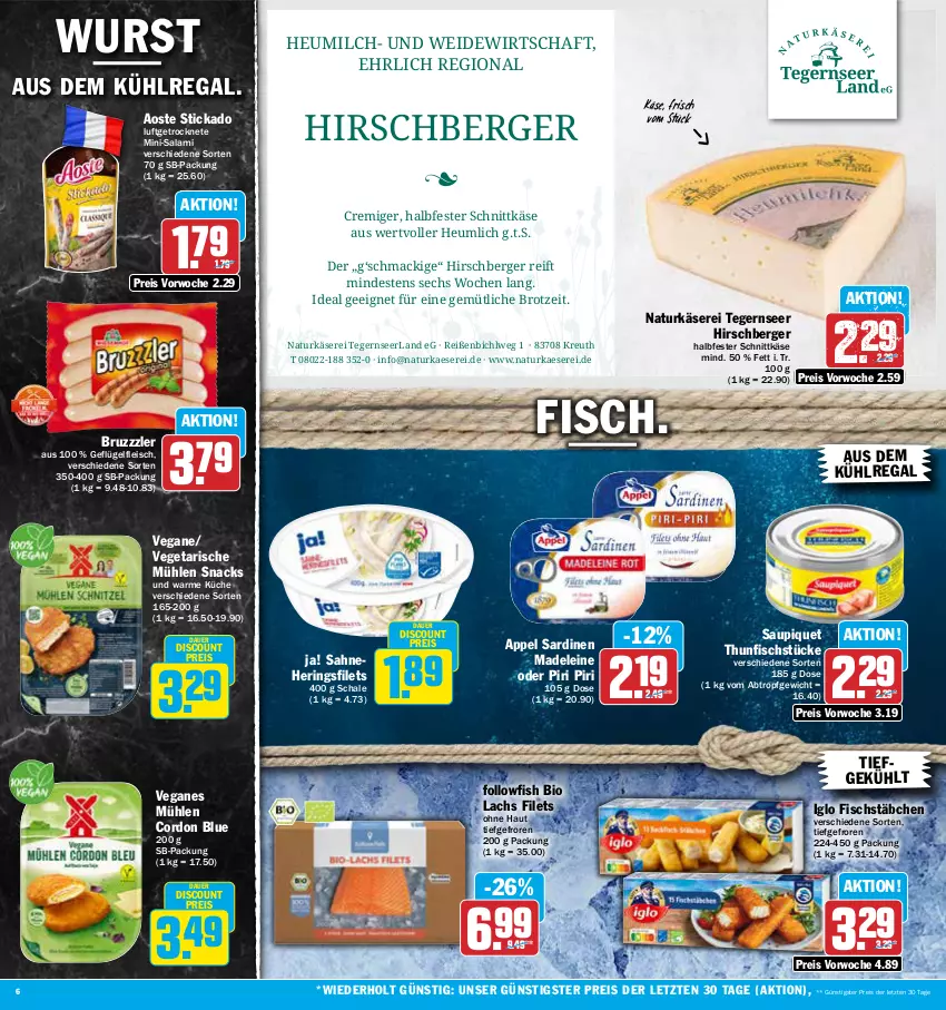 Aktueller Prospekt Aez - Prospekte - von 30.05 bis 03.06.2023 - strona 6 - produkty: aoste stickado, auer, aus dem kühlregal, Berger, bio, brot, bruzzzler, discount, eis, filet, filets, fisch, fischstäbchen, fleisch, followfish, Geflügel, halbfester schnittkäse, hering, Herings, heringsfilets, Heu, heumilch, iglo, kaes, Käse, küche, kühlregal, lachs, leine, mac, milch, Mini-Salami, natur, regal, reis, ring, sahne, salami, Sardinen, saupiquet, Schal, Schale, schnittkäse, snack, snacks, stickado, Tegernseer, thunfisch, Ti, Vegeta, wurst, ZTE