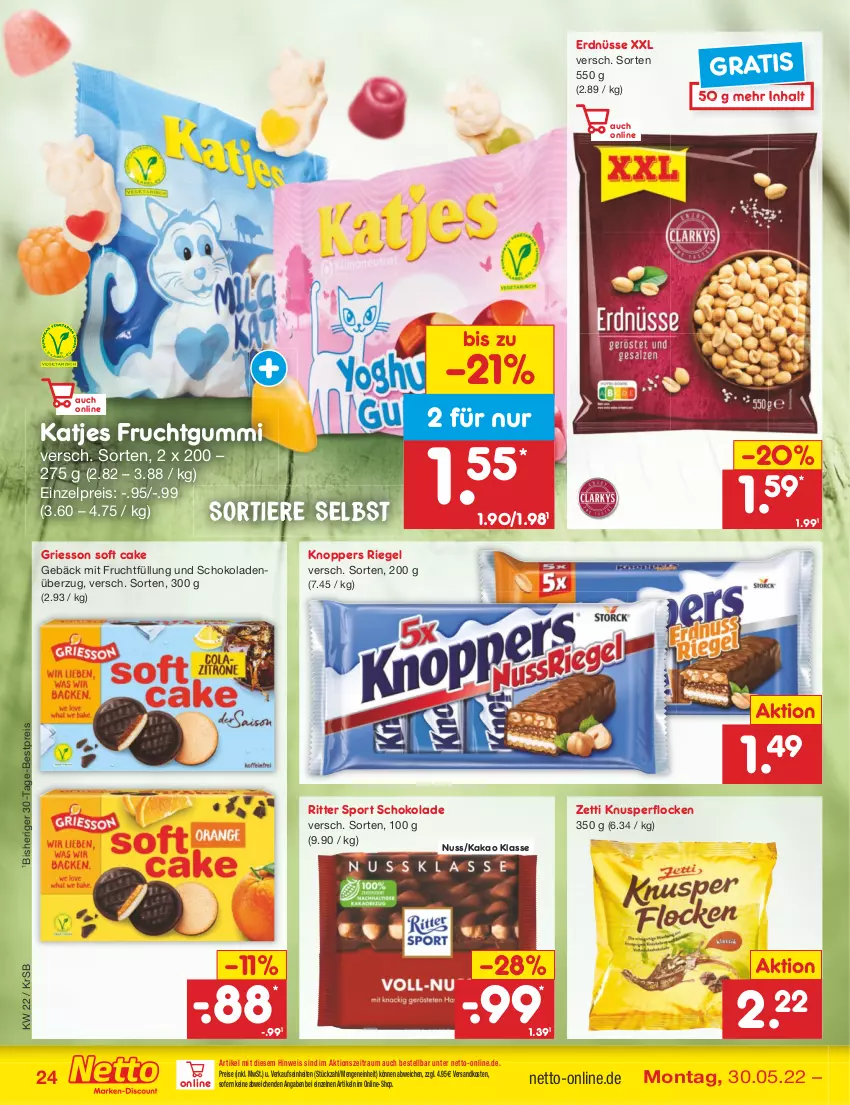 Aktueller Prospekt Netto Marken-Discount - Filial-Angebote - von 30.05 bis 04.06.2022 - strona 24 - produkty: bestpreis, eis, erdnüsse, frucht, fruchtgummi, griesson, kakao, katjes, knoppers, Knusperflocken, mit frucht, ndk, nuss, reis, riegel, ritter, ritter sport, schoko, schokolade, schokoladen, Sport, Ti, Tiere