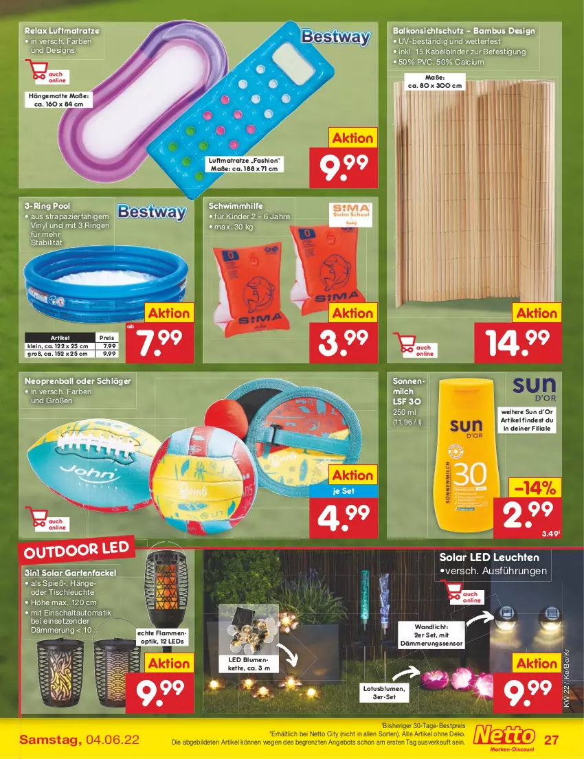 Aktueller Prospekt Netto Marken-Discount - Filial-Angebote - von 30.05 bis 04.06.2022 - strona 27 - produkty: angebot, auto, ball, bambus, bestpreis, blume, blumen, Calcium, eis, Garten, Gartenfackel, hängematte, Kette, Kinder, lamm, leds, Leuchte, leuchten, luftmatratze, matratze, milch, pool, reis, rel, ring, Schal, sonnenmilch, Ti, tisch, tischleuchte, usb, ZTE