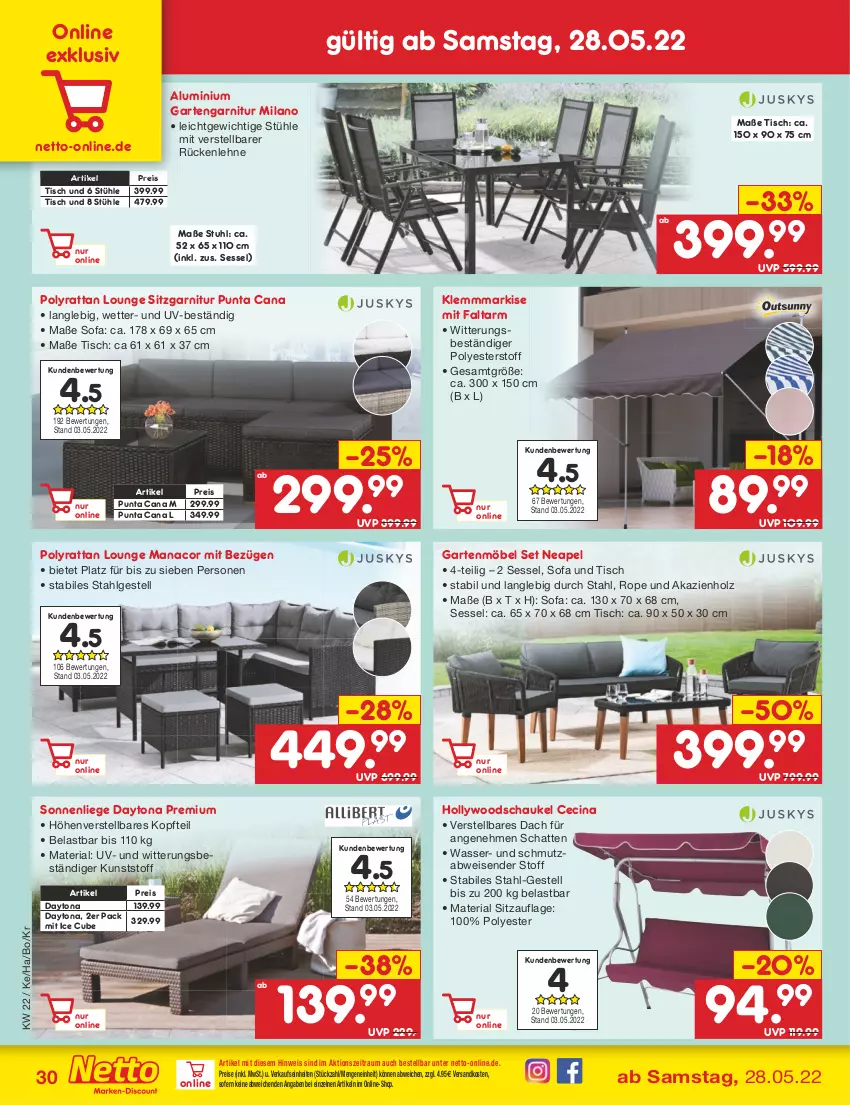 Aktueller Prospekt Netto Marken-Discount - Filial-Angebote - von 30.05 bis 04.06.2022 - strona 30 - produkty: cin, eis, garnitur, Garten, gartenmöbel, hollywoodschaukel, Holz, Klemmmarkise, LG, Liege, möbel, ndk, reis, Ria, rückenlehne, Schaukel, sessel, Sitzauflage, Sofa, sonnenliege, Stühl, stuhl, Ti, tisch, wasser