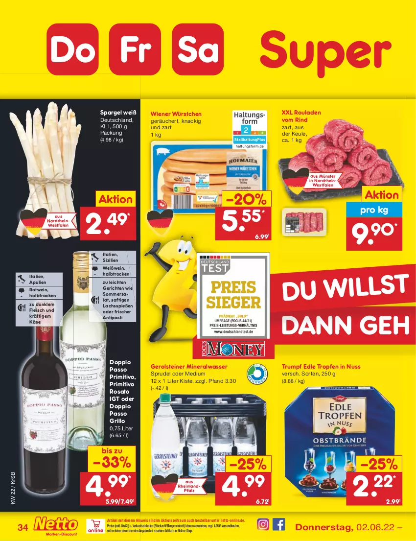 Aktueller Prospekt Netto Marken-Discount - Filial-Angebote - von 30.05 bis 04.06.2022 - strona 34 - produkty: Alwa, antipasti, asti, doppio passo, eis, fleisch, gerolsteine, gerolsteiner, grill, grillo, Käse, lachs, mineralwasser, ndk, nuss, passo, primitivo, reis, rind, rosato, rotwein, rouladen, rum, saft, salat, spargel, Sprudel, steiner, Ti, wasser, wein, Weißwein, wiener, wiener würstchen, würstchen