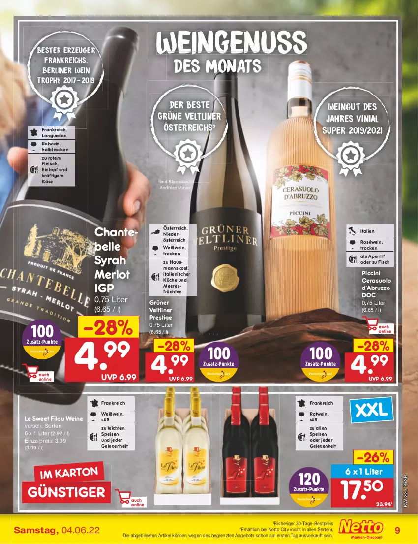 Aktueller Prospekt Netto Marken-Discount - Filial-Angebote - von 30.05 bis 04.06.2022 - strona 9 - produkty: angebot, aperitif, berliner, bestpreis, cin, eintopf, eis, elle, fisch, fleisch, früchte, früchten, grüner veltliner, Käse, küche, meeresfrüchte, merl, merlot, nuss, reis, roséwein, rotwein, Ti, topf, wein, weine, Weißwein, ZTE