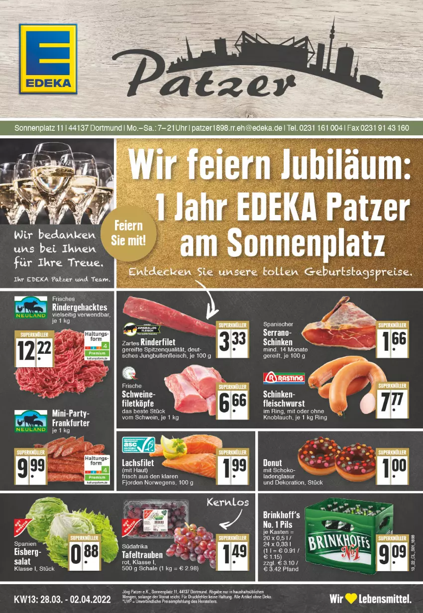 Aktueller Prospekt Edeka - Angebote der Woche - von 28.03 bis 02.04.2022 - strona 1 - produkty: decke, deka, dekoration, Donut, eier, eis, filet, fleisch, fleischwurst, frankfurter, jungbullen, knoblauch, lachs, lachsfilet, lebensmittel, pils, reis, rind, rinder, rinderfilet, ring, rwe, salat, Schal, Schale, schinken, schoko, schwein, schweine, spitzenqualität, Ti, wein, weine, wurst