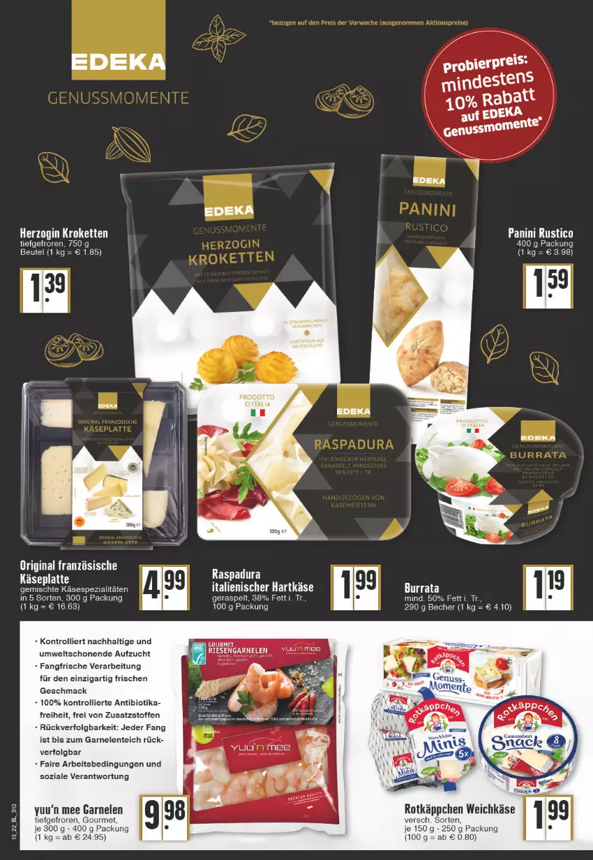 Aktueller Prospekt Edeka - Angebote der Woche - von 28.03 bis 02.04.2022 - strona 12 - produkty: Becher, beutel, bio, Burrata, deka, ente, garnelen, gin, hartkäse, italienischer hartkäse, Käse, Kette, Kroketten, latte, LG, mac, rotkäppchen, Spezi, Ti, trolli, weichkäse