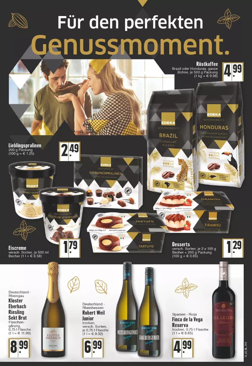 Aktueller Prospekt Edeka - Angebote der Woche - von 28.03 bis 02.04.2022 - strona 13 - produkty: Becher, bohne, brut, dessert, desserts, flasche, kaffee, pralinen, riesling, rioja, röstkaffee, sekt