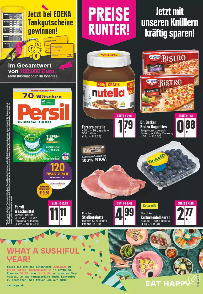 Aktueller Prospekt Edeka - Angebote der Woche - von 28.03 bis 02.04.2022 - strona 19 - produkty: baguette, baguettes, Bistro Baguette, deka, deutschland card, eier, eis, ente, erde, ferrero, fleisch, grill, gutschein, kotelett, nutella, pfanne, salz, Schal, Schale, schwein, schweine, schweinefleisch, Sushi, Ti, universal pulver, waschmittel, wein, weine