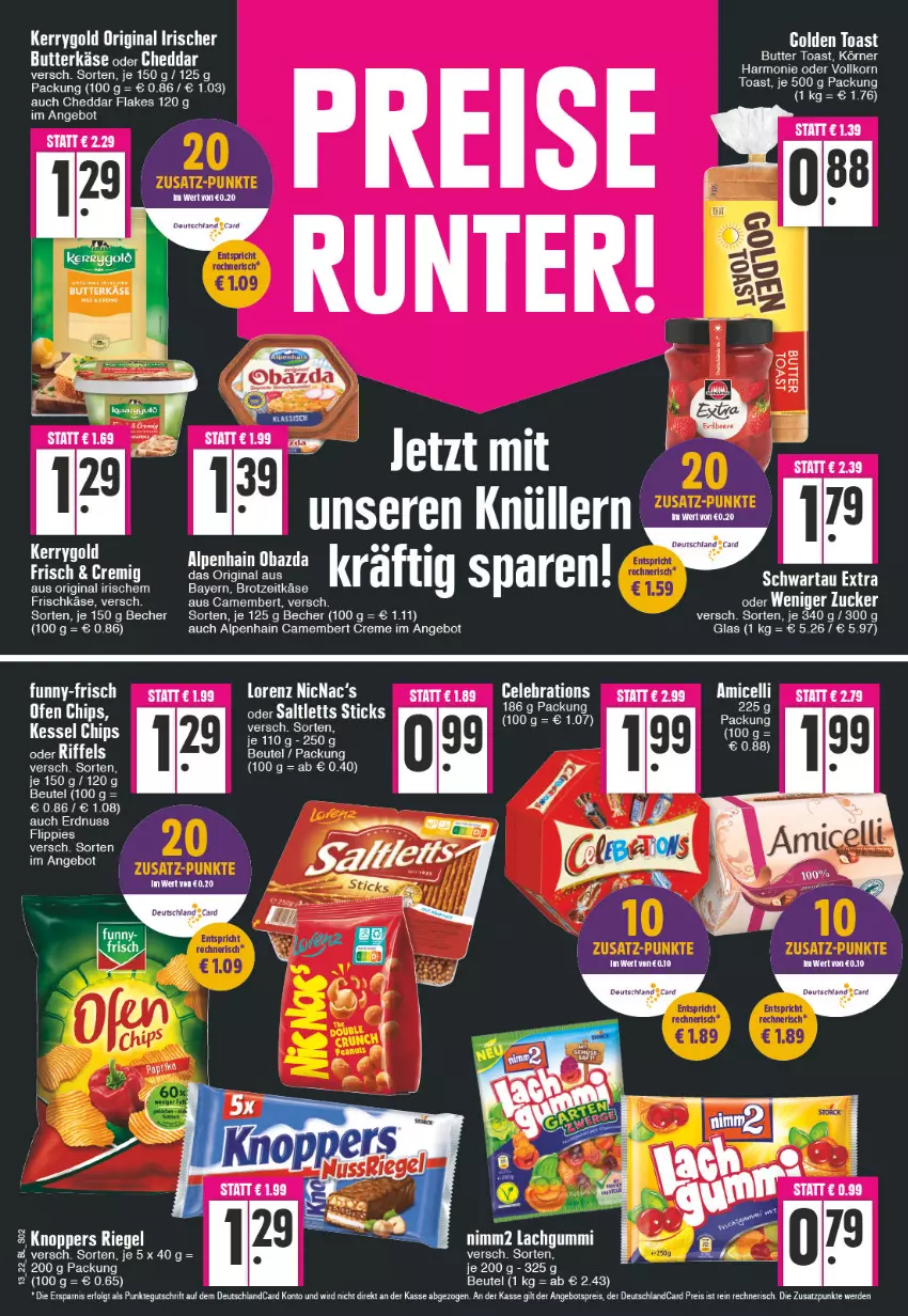 Aktueller Prospekt Edeka - Angebote der Woche - von 28.03 bis 02.04.2022 - strona 2 - produkty: Alpenhain, angebot, angebotspreis, Becher, beutel, brot, camembert, camembert creme, cheddar, creme, deutschlandcard, eis, erde, erdnuss, flakes, frischkäse, gin, golden toast, Käse, kerrygold, korn, lachgummi, LG, nimm2, nuss, reis, saltletts, Ti, toast, uhr, zucker