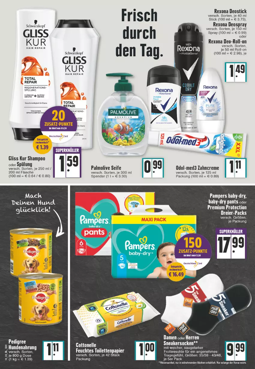 Aktueller Prospekt Edeka - Angebote der Woche - von 28.03 bis 02.04.2022 - strona 20 - produkty: baby-dry, Blüte, cottonelle, creme, deo, deospray, Deostick, elle, feuchtes toilettenpapier, flasche, gliss, gliss kur, hundenahrung, Nektar, Odol, olive, palmolive, pampers, Pants, papier, rexona, roll-on, schwarzkop, schwarzkopf, Seife, shampoo, shampoo oder spülung, sneaker, sneakersocken, socken, spülung, tee, Ti, toilettenpapier, zahncreme