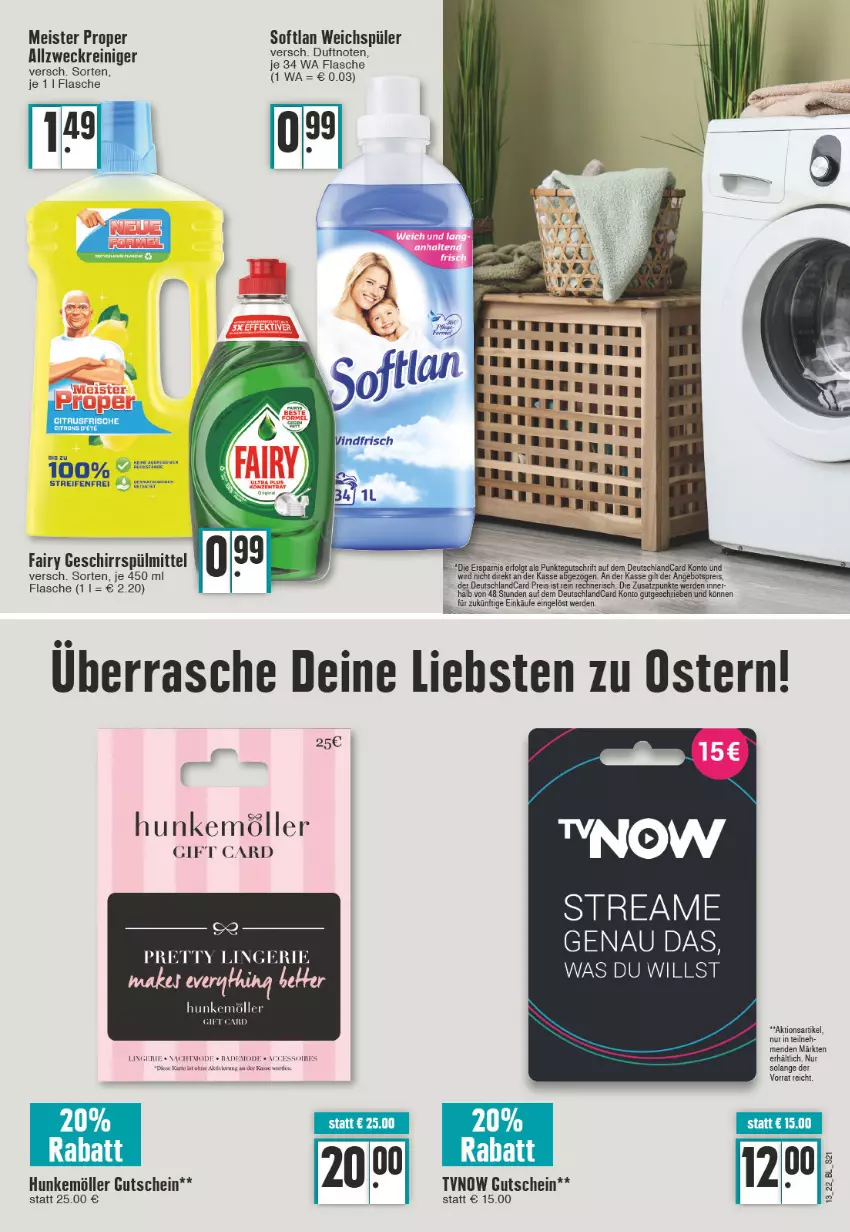 Aktueller Prospekt Edeka - Angebote der Woche - von 28.03 bis 02.04.2022 - strona 21 - produkty: allzweckreiniger, angebot, angebotspreis, Bad, deutschlandcard, eis, erde, fairy, flasche, geschirr, geschirrspülmittel, gutschein, LG, Meister, meister proper, Mode, reifen, reiniger, reis, Softlan, spülmittel, Ti, weck, weichspüler