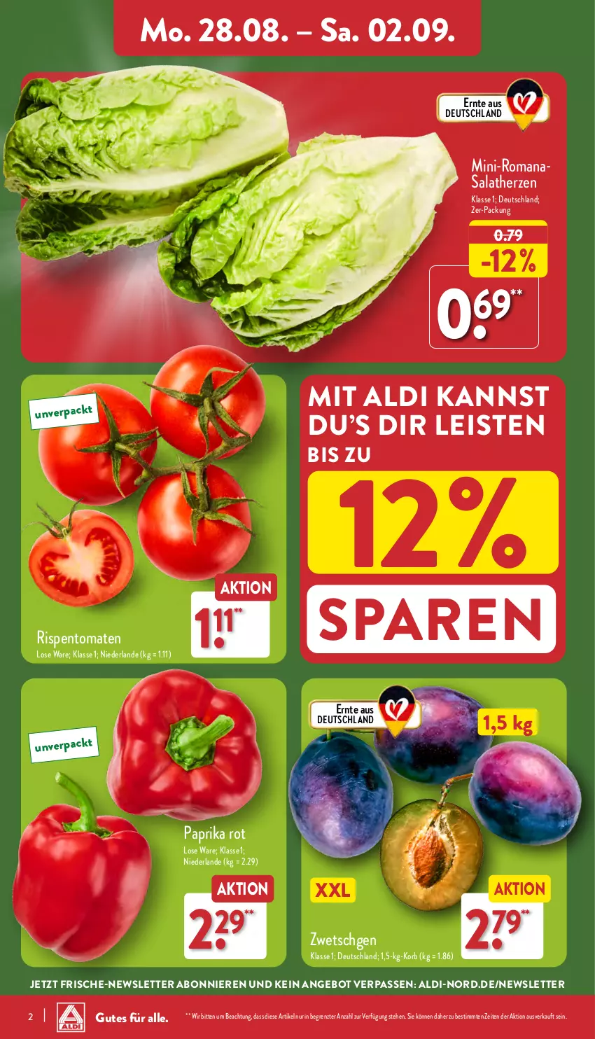 Aktueller Prospekt Aldi Nord - Von Montag - von 28.08 bis 02.09.2023 - strona 2 - produkty: aldi, angebot, eis, korb, paprika, paprika rot, rispentomaten, salat, salatherzen, Ti, tomate, tomaten, ZTE