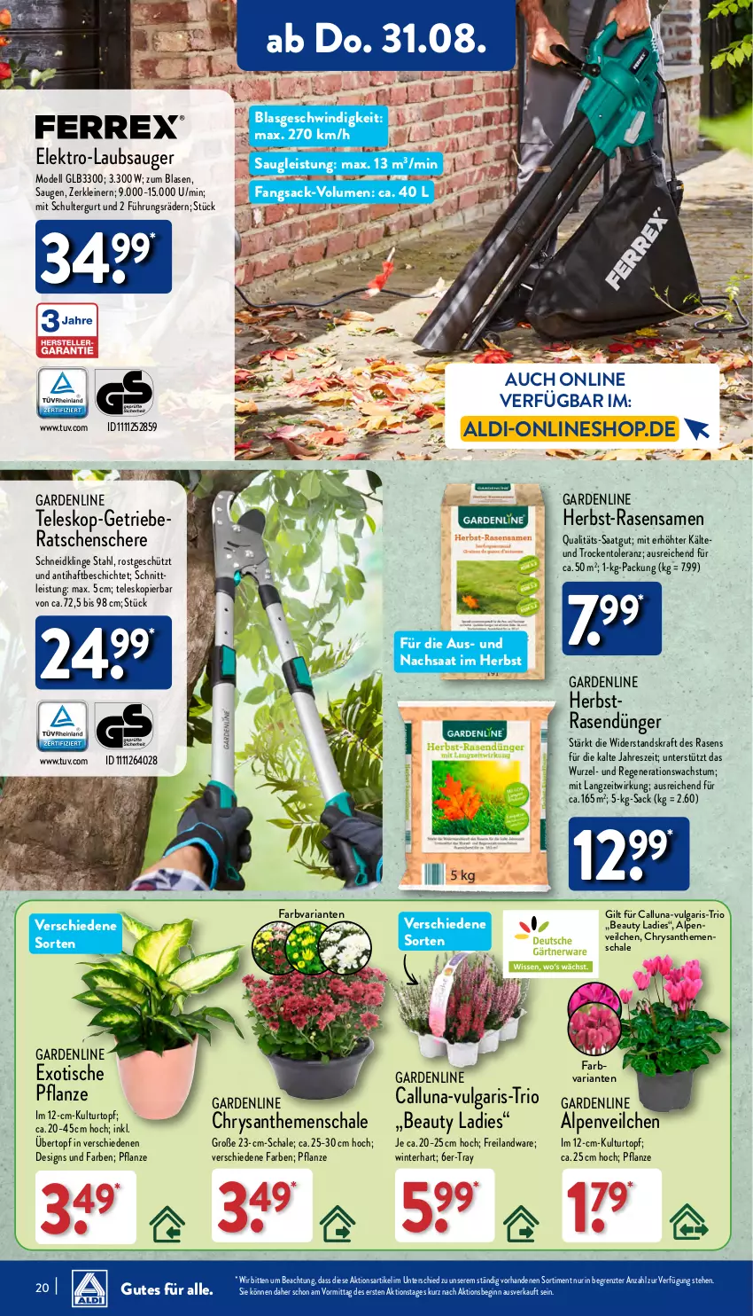 Aktueller Prospekt Aldi Nord - Von Montag - von 28.08 bis 02.09.2023 - strona 20 - produkty: aldi, Alpenveilchen, Blüte, Brei, chrysanthemen, dell, dünger, eis, Elektro, gin, kraft, kulturtopf, Laubsauger, leine, LG, Mode, pflanze, rasen, rasendünger, rasensamen, Ria, sac, Schal, Schale, Schere, schultergurt, Teleskop, Ti, tisch, topf, übertopf, ZTE