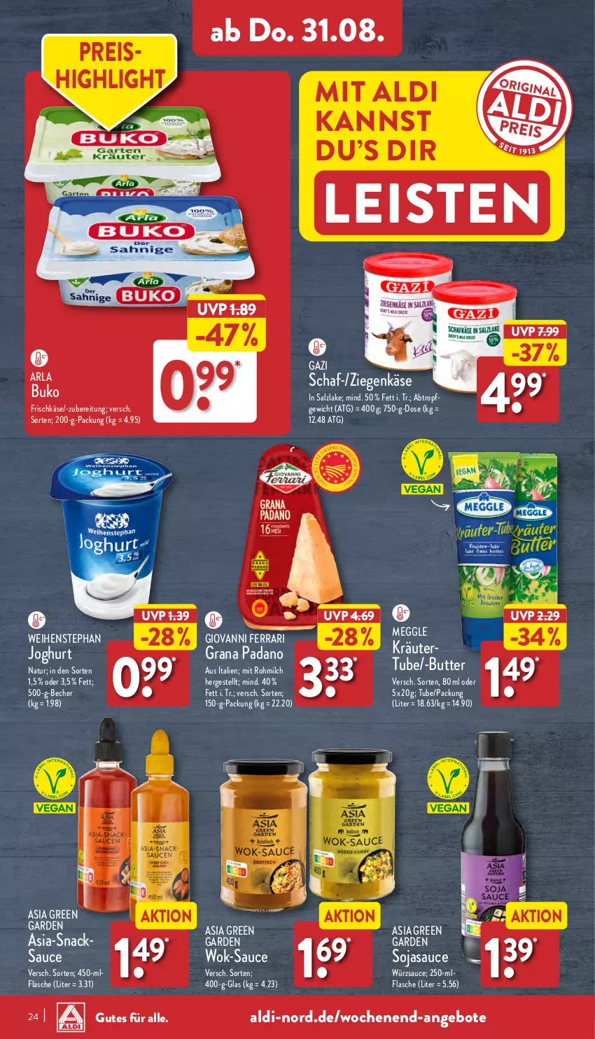 Aktueller Prospekt Aldi Nord - Von Montag - von 28.08 bis 02.09.2023 - strona 24 - produkty: aldi, angebot, angebote, arla, arla buko, Asia Green Garden, Becher, Buko, butter, eis, flasche, frischkäse, grana, grana padano, joghur, joghurt, Käse, kräuter, meggle, milch, natur, padano, Rana, reis, salz, sauce, snack, snacks, soja, sojasauce, Ti, weihenstephan, wok, ziegenkäse