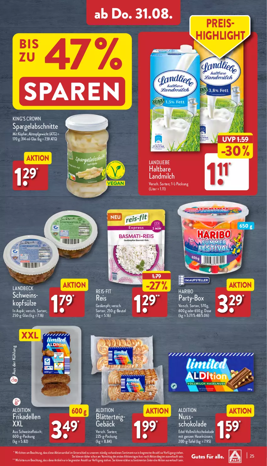 Aktueller Prospekt Aldi Nord - Von Montag - von 28.08 bis 02.09.2023 - strona 25 - produkty: aldi, beutel, blätterteig, dell, eis, elle, fleisch, frikadellen, gin, haribo, landliebe, landmilch, milch, nuss, reis, reis-fit, schoko, schokolade, schwein, schweine, schweinefleisch, spargel, teller, Ti, vollmilch, wein, weine, ZTE