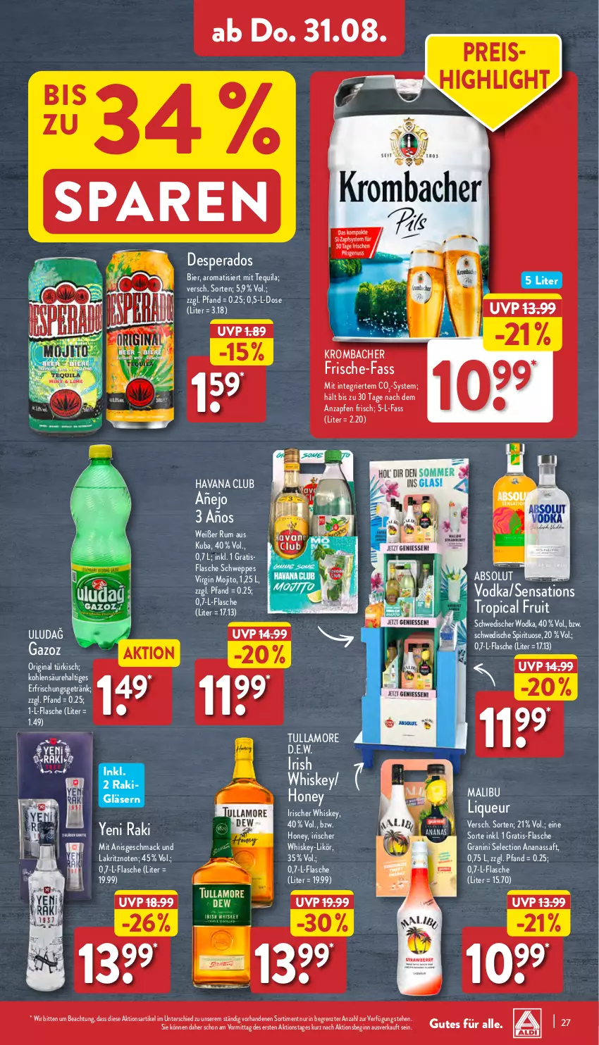 Aktueller Prospekt Aldi Nord - Von Montag - von 28.08 bis 02.09.2023 - strona 27 - produkty: Absolut Vodka, ananas, bier, desperados, eis, erfrischungsgetränk, flasche, getränk, gin, Gläser, granini, Havana Club, irish whiskey, krombache, krombacher, Lakritz, likör, liqueur, mac, Malibu, mojito, reis, rum, saft, schweppes, sensations, tequila, Ti, tullamore, vodka, whiskey, wodka, yeni raki, ZTE