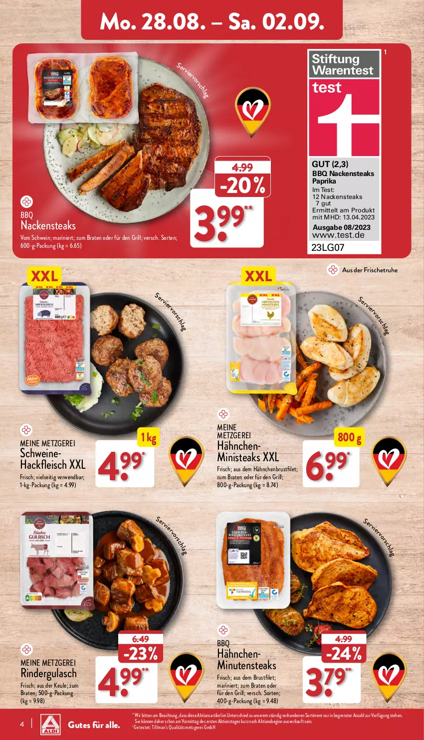 Aktueller Prospekt Aldi Nord - Von Montag - von 28.08 bis 02.09.2023 - strona 4 - produkty: braten, brustfilet, eis, filet, fleisch, gin, grill, gulasch, hackfleisch, hähnchenbrust, hähnchenbrustfilet, LG, minutensteaks, Nackensteak, nackensteaks, paprika, rwe, schwein, schweine, Schweinehackfleisch, steak, steaks, Ti, wein, weine, ZTE