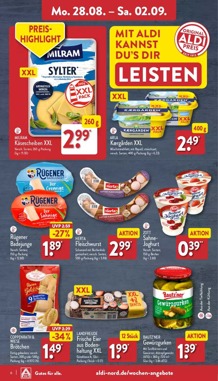 Aktueller Prospekt Aldi Nord - Von Montag - von 28.08 bis 02.09.2023 - strona 6 - produkty: aldi, angebot, angebote, arla, aus der tiefkühlung, Bad, Bau, Becher, brötchen, buch, coppenrath, eier, eis, fleisch, fleischwurst, geback, gewürz, gurke, gurken, herta, Holz, joghur, joghurt, Kærgården, Käse, käsescheiben, LG, milram, rapsöl, reis, Rügener, rügener badejunge, sahne, Sahnejoghurt, senf, Streichzart, Ti, wurst, zott