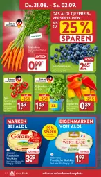 Gazetka promocyjna Aldi Nord - Von Montag - Gazetka - ważna od 02.09 do 02.09.2023 - strona 22 - produkty: aldi, angebot, angebote, basilikum, beere, beeren, Bundmöhren, eis, französischer weichkäse, géramont, heidelbeere, heidelbeeren, Käse, möhren, paprika, reis, rum, Schal, Schale, snack, Ti, tiefpreis, tomate, tomaten, topf, weichkäse