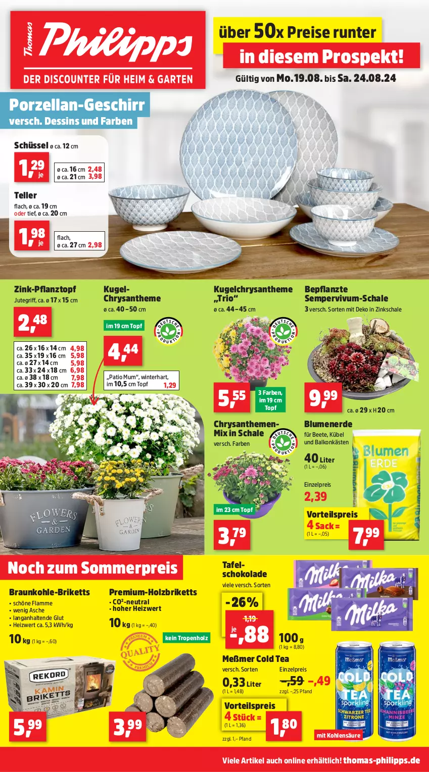 Aktueller Prospekt Thomas Philipps - von 19.08 bis 24.08.2024 - strona 1 - produkty: blume, blumen, blumenerde, braun, briketts, chrysanthemen, eis, elle, erde, geschirr, Holz, Holzbriketts, Kugel, lamm, Meßmer, Pflanztopf, reis, sac, Schal, Schale, schoko, schokolade, schüssel, Sempervivum, tafelschokolade, teller, Ti, topf, vorteilspreis, ZTE