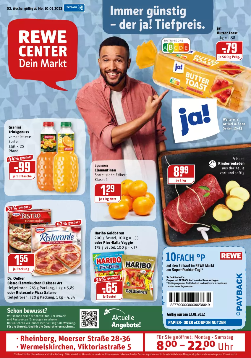 Aktueller Prospekt Rewe - Prospekte - von 10.01 bis 16.01.2022 - strona 1 - produkty: angebot, angebote, Astra, ball, beutel, butter, clementinen, coupon, coupons, Dr. Oetker, eis, elle, elsässer art, flammkuchen, flasche, goldbären, granini, haribo, Heu, kuchen, lamm, nuss, papier, payback, pizza, pizza salame, reis, Ria, rind, rinder, Rinderroulade, rinderrouladen, ristorante, ristorante pizza, rouladen, rum, saft, Ti, tiefpreis, toast, uhr, veggie