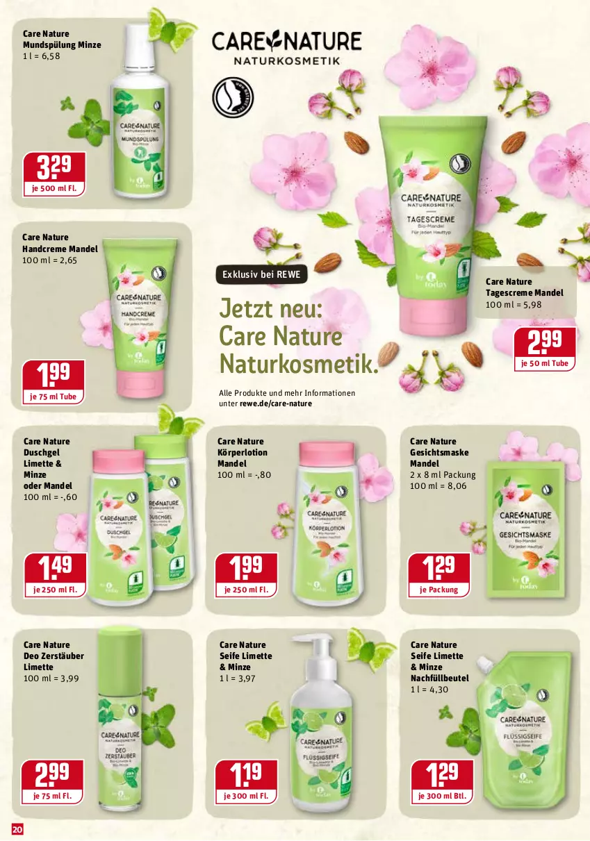 Aktueller Prospekt Rewe - Prospekte - von 10.01 bis 16.01.2022 - strona 20 - produkty: beutel, creme, deo, duschgel, Gesichtsmaske, handcreme, Körperlotion, kosmetik, limette, Lotion, mandel, Maske, Mett, minze, mundspülung, natur, naturkosmetik, Seife, spülung, tagescreme, Ti