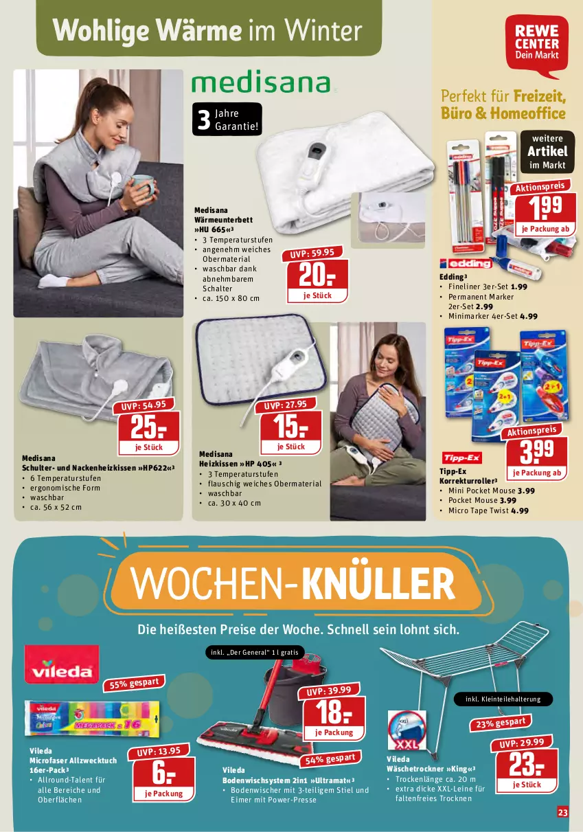 Aktueller Prospekt Rewe - Prospekte - von 10.01 bis 16.01.2022 - strona 23 - produkty: aktionspreis, bett, bodenwischer, eimer, eis, Fineliner, Heizkissen, HP, isana, kissen, leine, medisana, office, rama, reis, Ria, Roller, sana, Schal, Ti, Trockner, tuc, vileda, wäschetrockner, weck