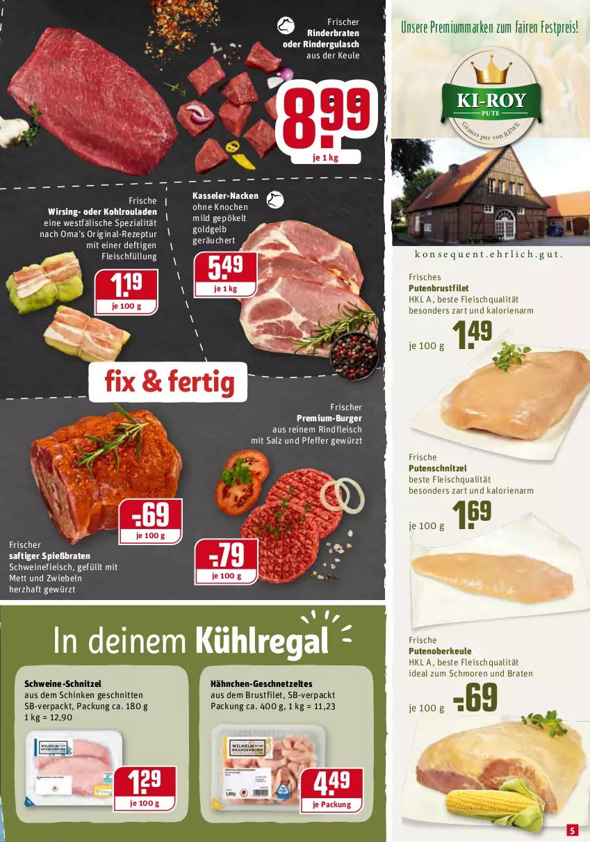 Aktueller Prospekt Rewe - Prospekte - von 10.01 bis 16.01.2022 - strona 5 - produkty: braten, brustfilet, burger, eis, filet, fleisch, geschnetzeltes, gewürz, gin, gulasch, kasseler, Kohlrouladen, kühlregal, Mett, oder rindergulasch, pfeffer, pute, putenbrust, putenbrustfilet, Putenoberkeule, putenschnitzel, regal, reis, rezept, rind, rinder, rinderbraten, rindergulasch, rindfleisch, rouladen, saft, salz, schinken, schnitten, schnitzel, schwein, schweine, schweine-schnitzel, schweinefleisch, Spezi, Ti, wein, weine, Wirsing, Zelt, zwiebel, zwiebeln