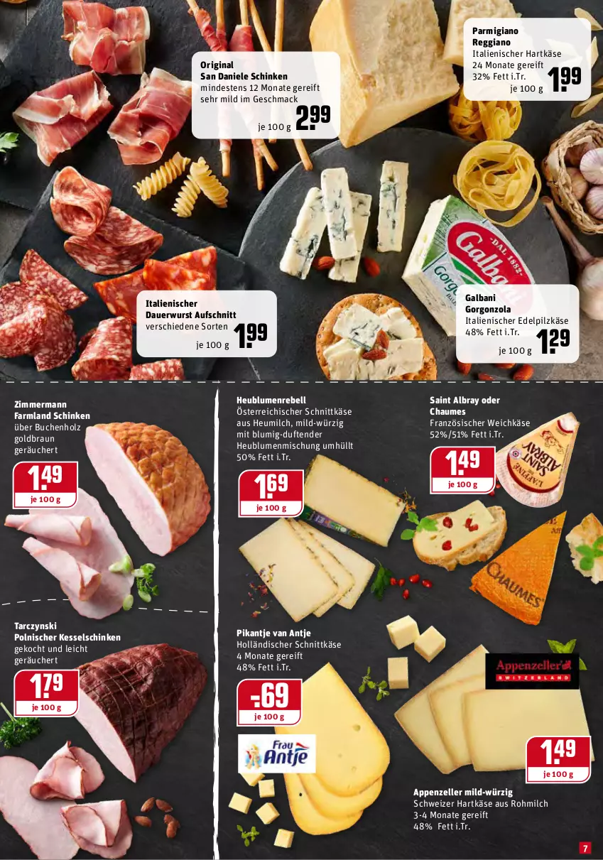 Aktueller Prospekt Rewe - Prospekte - von 10.01 bis 16.01.2022 - strona 7 - produkty: albray, appenzeller, auer, aufschnitt, blume, blumen, braun, buch, chaumes, elle, französischer weichkäse, galbani, gin, gorgonzola, hartkäse, Heu, heumilch, holländischer schnittkäse, Holz, italienischer hartkäse, Käse, mac, milch, österreichischer schnittkäse, parmigiano, parmigiano reggiano, rebell, reggiano, saint albray, schinken, schnittkäse, schweizer hartkäse, tender, weichkäse, wurst